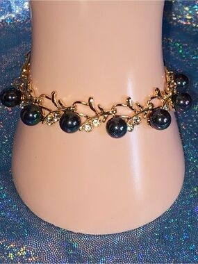 Peacock Shell Pearl Austrian Crystal Vine Bracelet Goldtone 6.5–8.5”